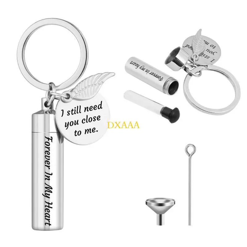 DXAA Creative Cremation Jewelry Urn Keychain for Ashes with Angel Wing Charm Forever In My Heart Cylinder Filler Pres