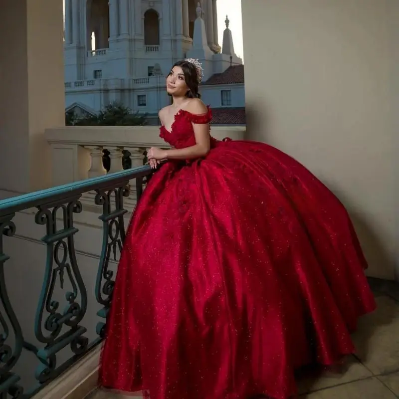 Glitter Red Quinceanera Dress Ball Gown Shiny Lace Applique Beading Mexico Sweet 16 Vestidos De 15 Años Customized