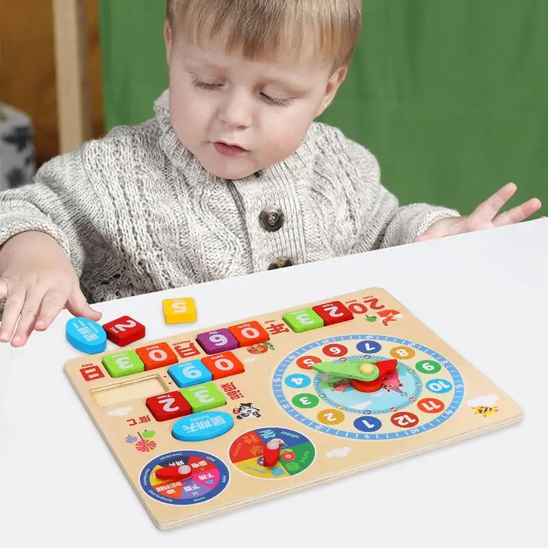 Calendrier en bois pour enfants, horloge, jouet pour apprendre l'heure, montage mural, tableau météo, âge des enfants