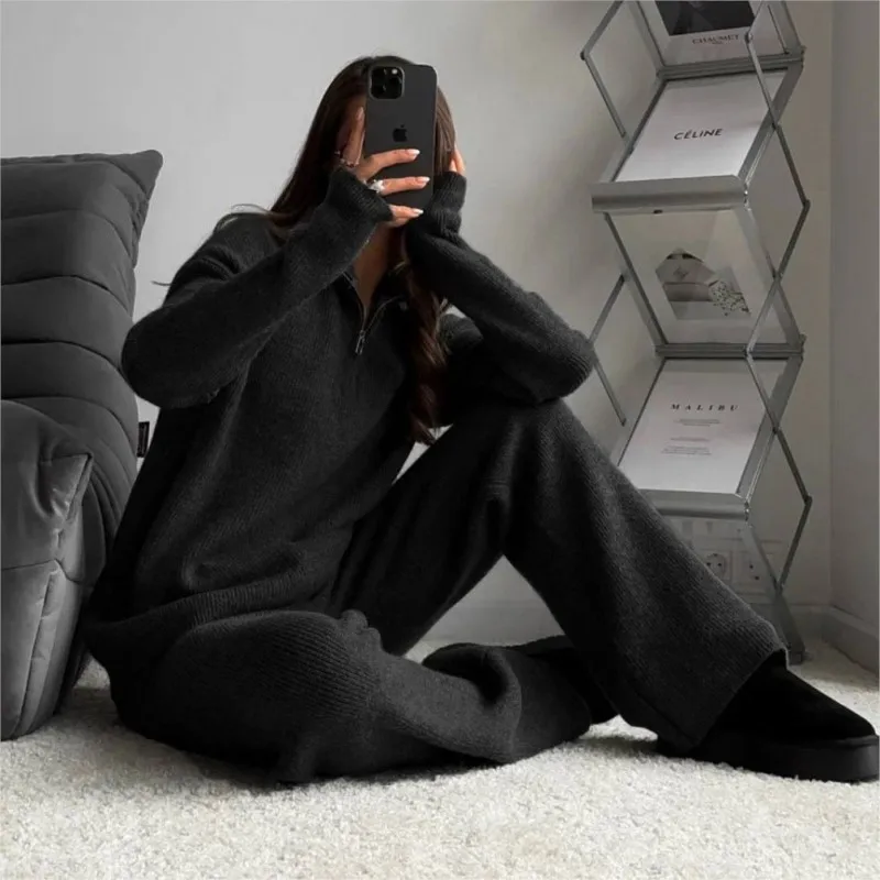 2025 New Womens Half-Zip Turtleneck Knit Set Spring & Autumn Export Style Casual Suit Soft Stretch Fabric Comfort Fit for Office
