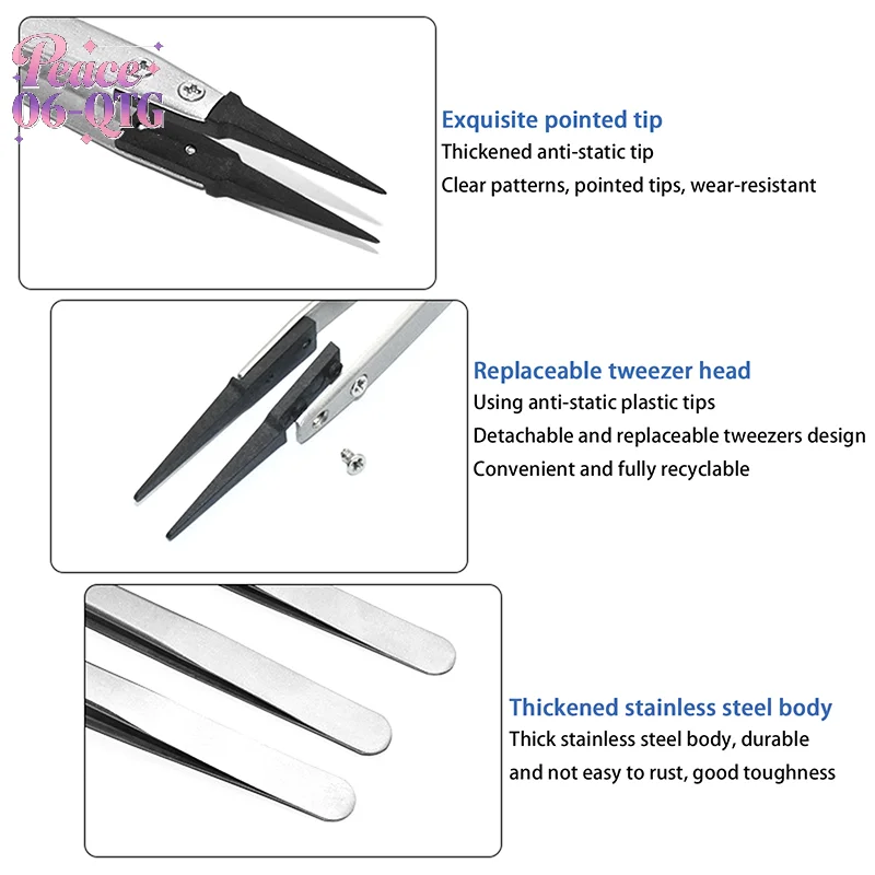 New Antistatic Tweezers, Plastic Tipped Tweezers, Electrician Tweezers Curved Flat Interchangeable Tip Antistatic Fixture