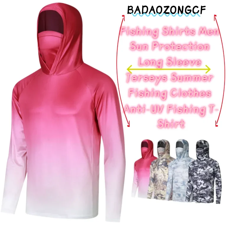Men Gradient Pink Fishing Hoodie UPF50 UV Shield Built-in Face Mask Polyester Quick Dry Multi-color Angling Attire