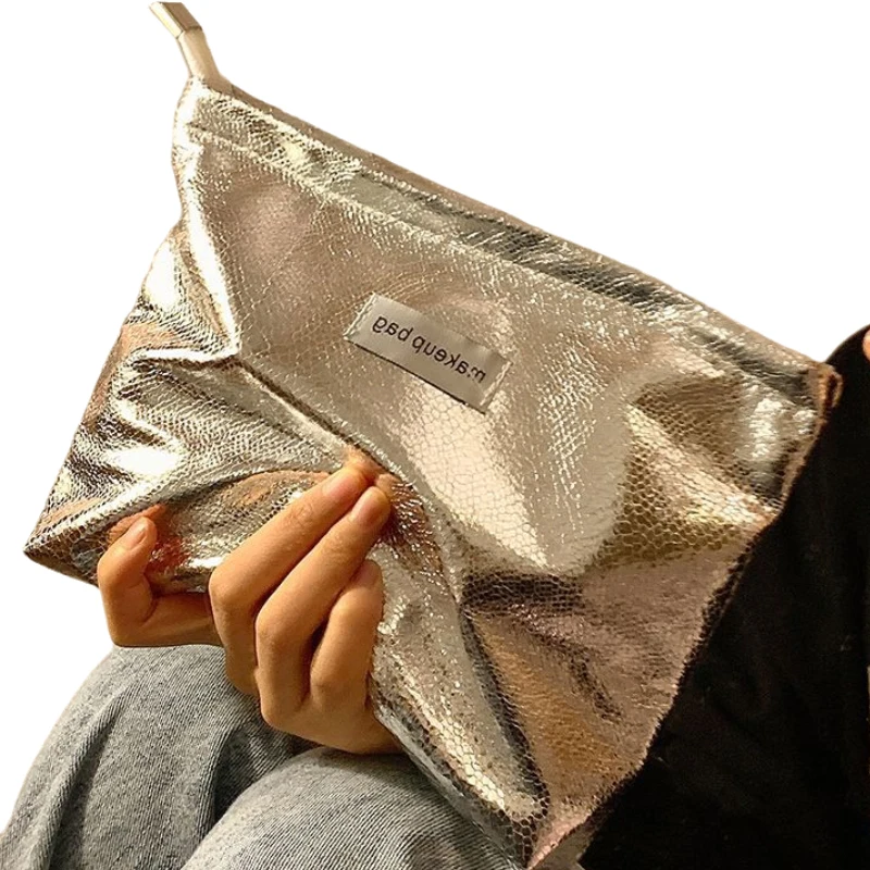 Neue glänzende Pailletten Silber Champagner Clutch Kosmetik taschen Make-up Tasche tragbare Toiletten artikel Hautpflege Aufbewahrung tasche