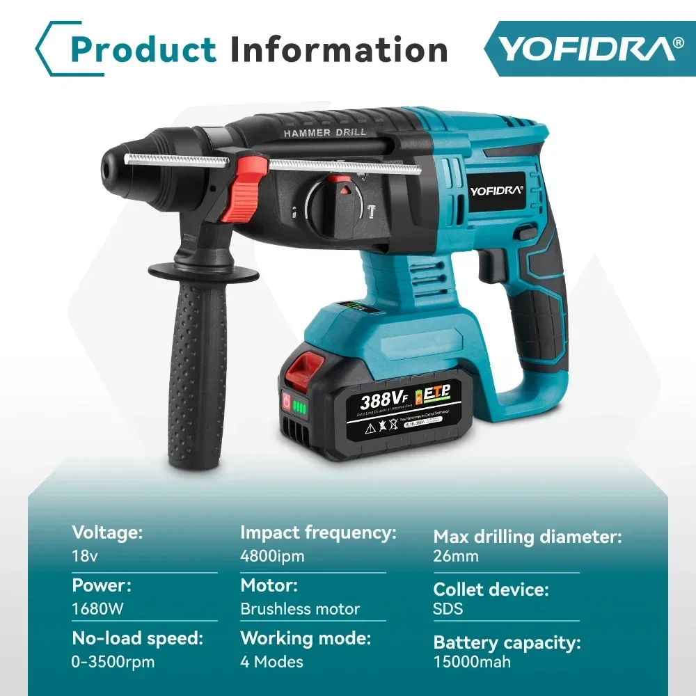 YOFIDRA 26MM Brushless Electric Hammer Drill Multifunctional Rotary Cordless Rechargeable Power Tools For Makita 18V Battery