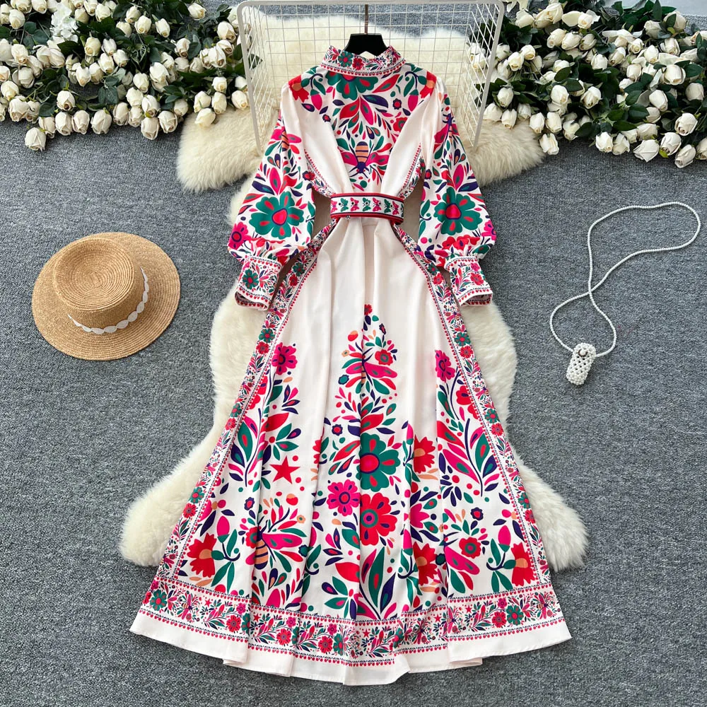 Robe Maxi à fleurs à manches longues pour femmes, chemise musulmane imprimée à simple boutonnage, style bohème, décontractée, nouvelle collection été automne