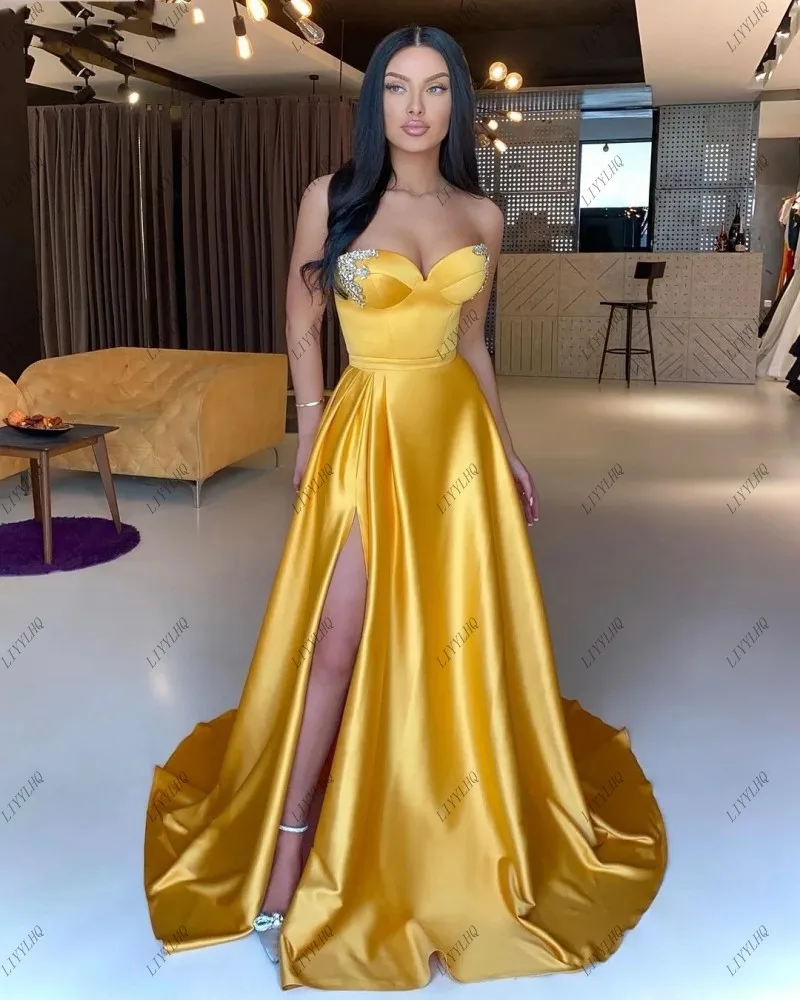 

LIYYLHQ Gold Yellow Prom Dresses For Women Elegant Sweetheart Beading A Line Sexy Side Slit Long Plus Size Evening Party Gowns