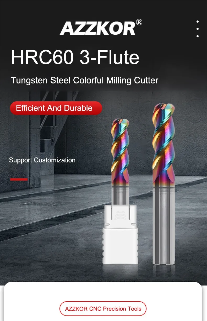 AZZKOR Hartmetall-DLC-Beschichtung 3-Schneiden Rundfräser CNC-Bearbeitungszentrum Schaftfräser Werkzeuge HRC65 – Detail 1