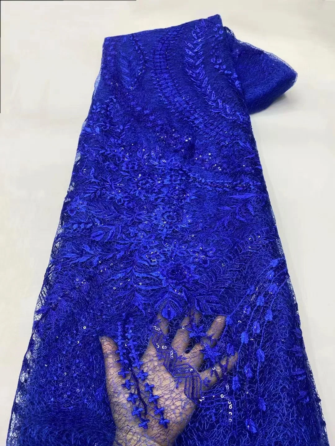 

2024 Blue African Lace Fabric For Evening Embroidery Sequin French Nigerian Lace Fabric for Wedding Party Dress