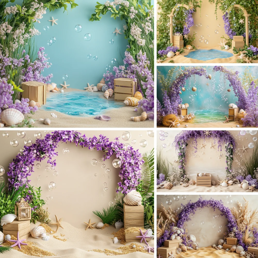 

Undersea Photography Background Purple Arch Floral Mermaid Treasure Shells Decor Kids Baby Birthday Party Portrait Backdrop