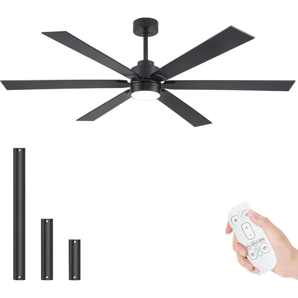 66 inch black large ceiling fan with light, reversible DC motor, used for indoor terrace, living room, porch, pavilion