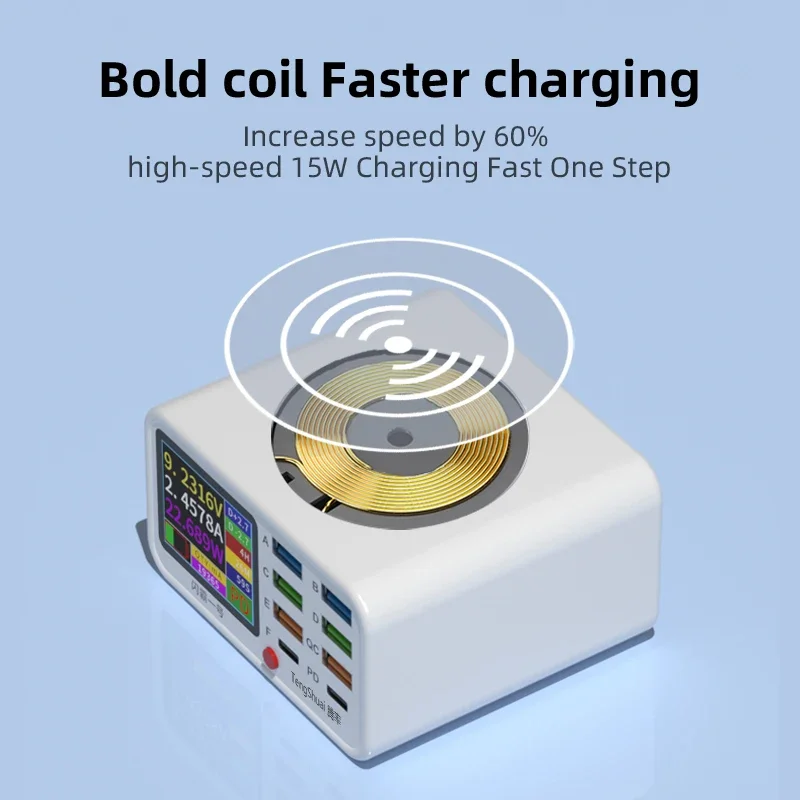 Multi Functional 8-port LED Screen USB Fast Charging Station Visual Current Detection 15W Wireless Charger For Mobile Phone iPad