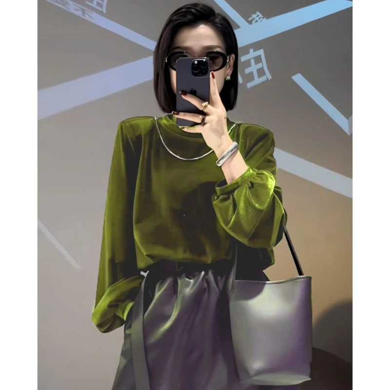 Vintage Long Sleeve Solid Loose Simplicity Gold Velvet Tops Spring Autumn All-match Casual T Shirts Elegant Office Women Clothes