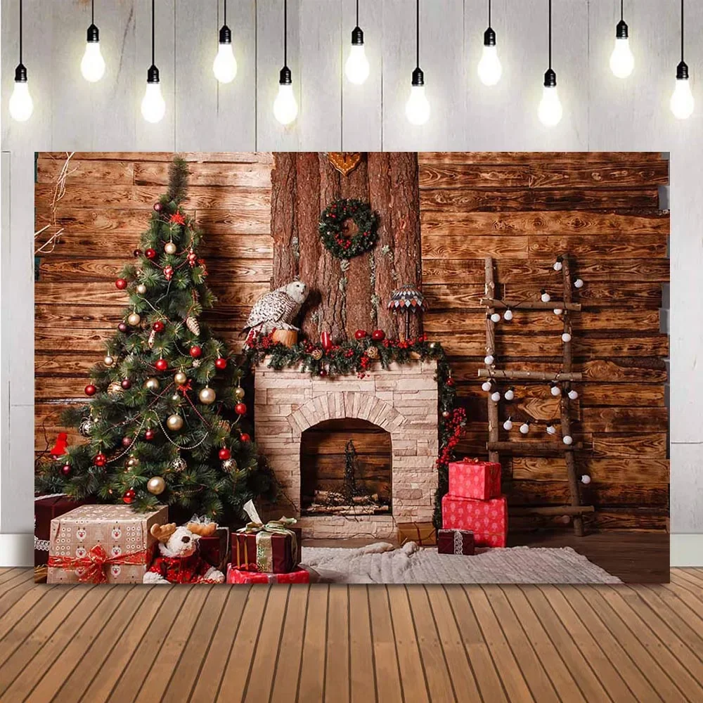 Fondo de casa de madera rústica para estudio de fotografía ladrillo chimenea vintage árbol de Navidad foto fondo estudio sesión fotográfica prop