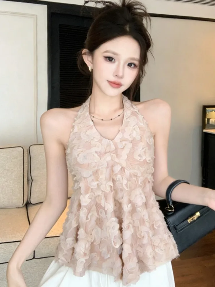 

French Style V-Neck Splice Hanging Neck Flower Strap Vest Women Summer New Sweet And Salty Outdoor Wear Short Top