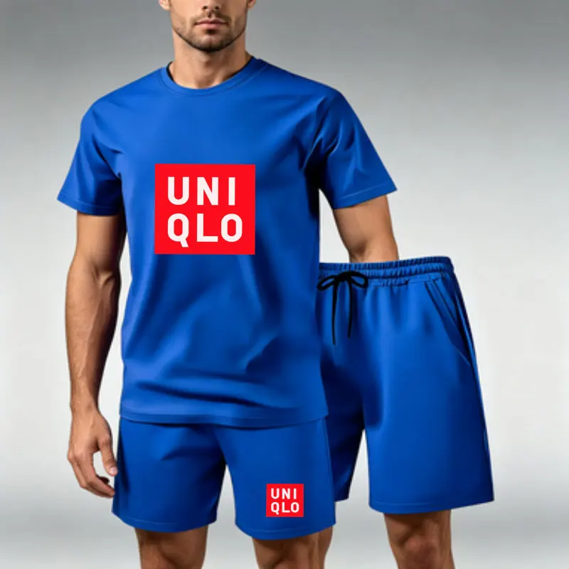 Men's motorcycle casual sports set 2-piece summer short sleeved T-shirt+drawstring shorts breathable sports cycling jogging suit 4
