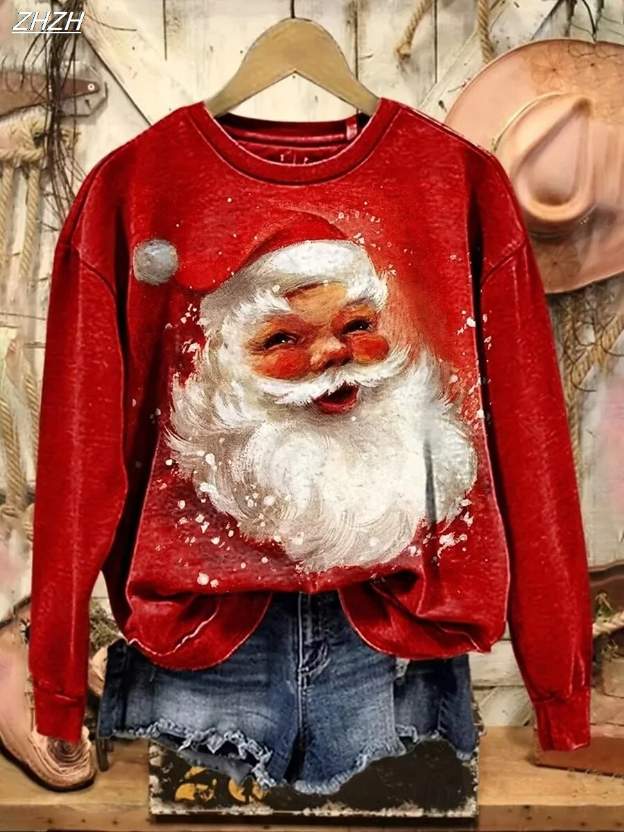 بلوزات عيد الميلاد النسائية جرافيك كلاسيكي كاجوال بأكمام طويلة ورقبة دائرية، ملابس علوية عادية للشارع، ملابس يومية كاجوال مطبوعة لخريف وشتاء