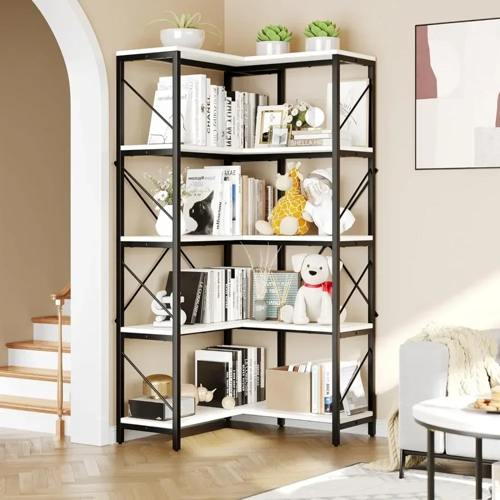 Large Display Rack Storage for Bedroom Living Room Industrial Corner Shelf 5 Tier Bookcase Bookshelf Home Office Furniture Books