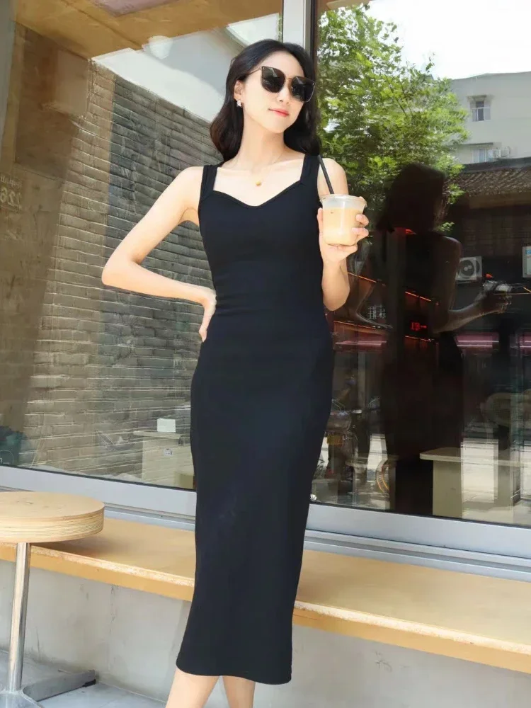 2024 Slim Screw Thread Black Dress Women Korean Solid New Sexy Sleeveless Split Dresses Summer Aesthetics Office Lady Vestidos