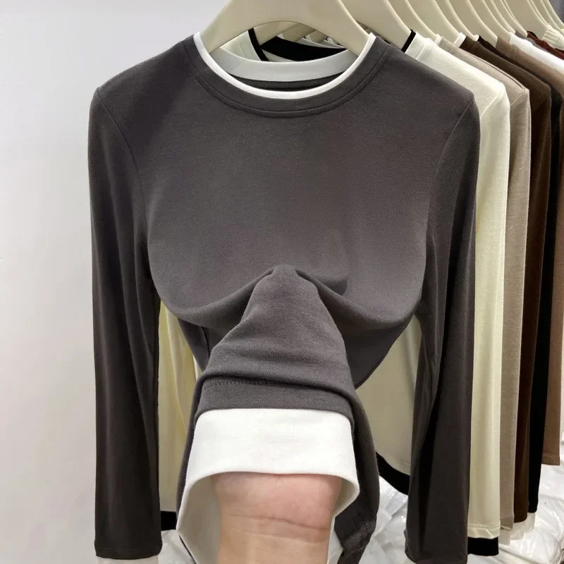 2026 Fake Two-Piece Long-Sleeved Women's T-Shirt Stacked Splicing Contrasting Color Inner Top Bottoming Women T-Shirt