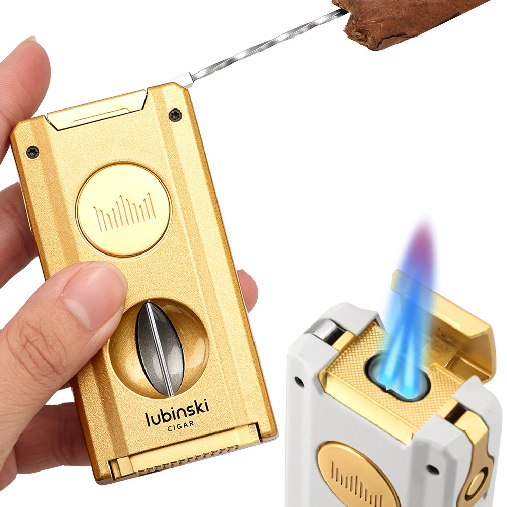 

LUBINSKI Lighter Cigar V Cutter Metal New Design Button Ignition Gas Torch Cigar Lighters With Needles Cigar Support Holder