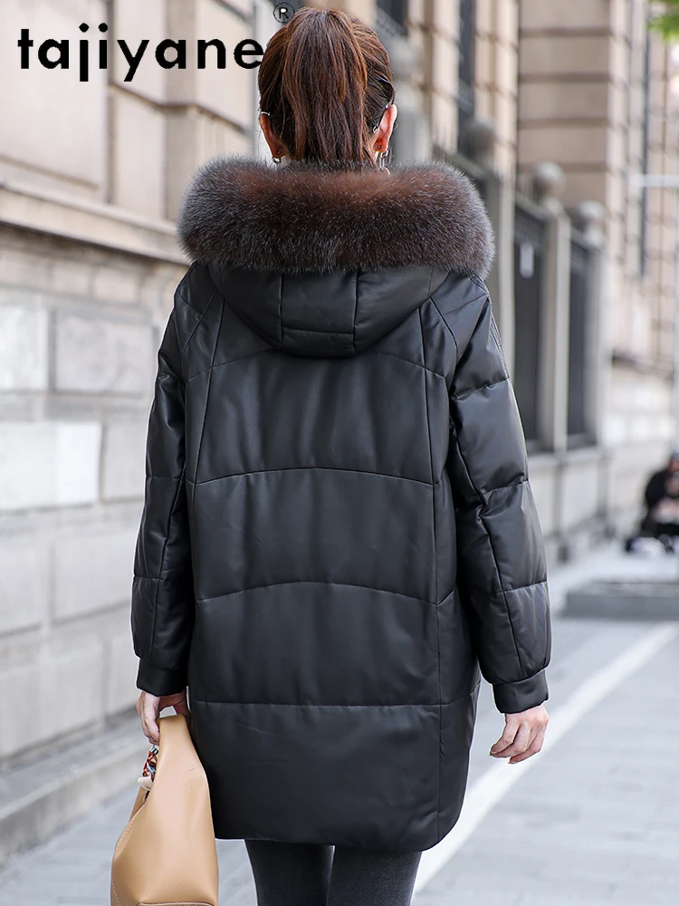 TAJIYANE Płaszcz z owczej skóry z puchem gęsim, damski, z kołnierzem z futra lisa, kurtki ze skóry naturalnej, wysokiej jakości odzież wierzchnia damska, zimowe ubrania damskie 2025