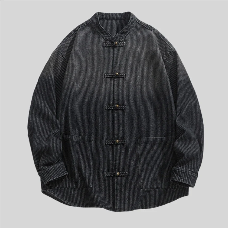 

Chinese Style Denim Jackets Men Vintage Loose Disc Buckle Coat Autumn Casual Jacket Outwear Hip Hop Harajuku Jacket Blue Black