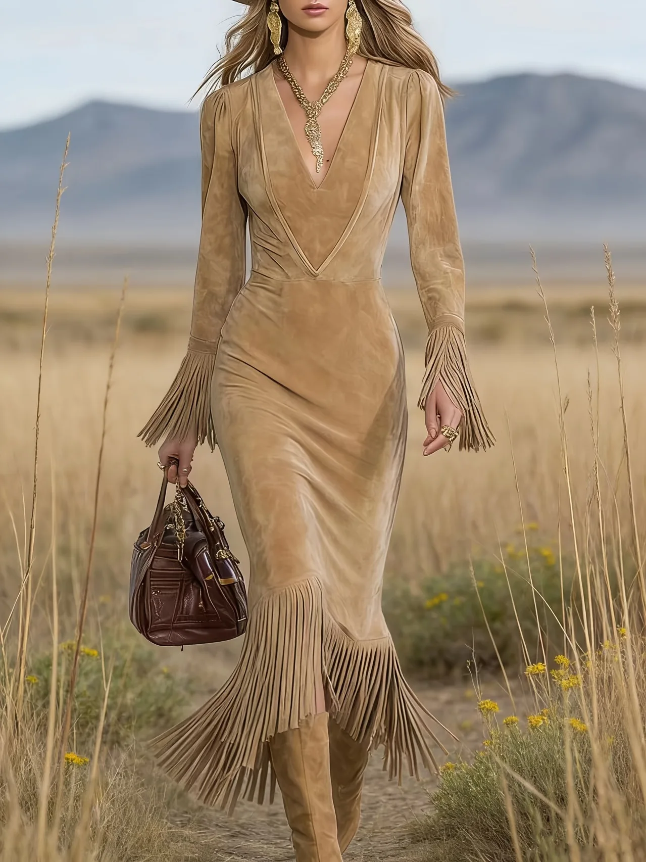 Vintage Cowgirl Style Suede Dress Women V Neck Long Sleeve Fringe Tassel Bodycon Midi Dresses Autumn Winter Western Party Dress