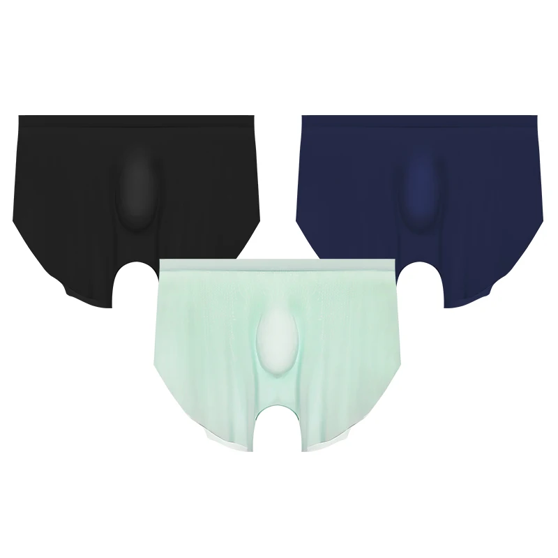 

3pcs Three pairs of men's ice thread seamless underwear, four-cornered flat pants, summer thin men's anti-friction leg stretch