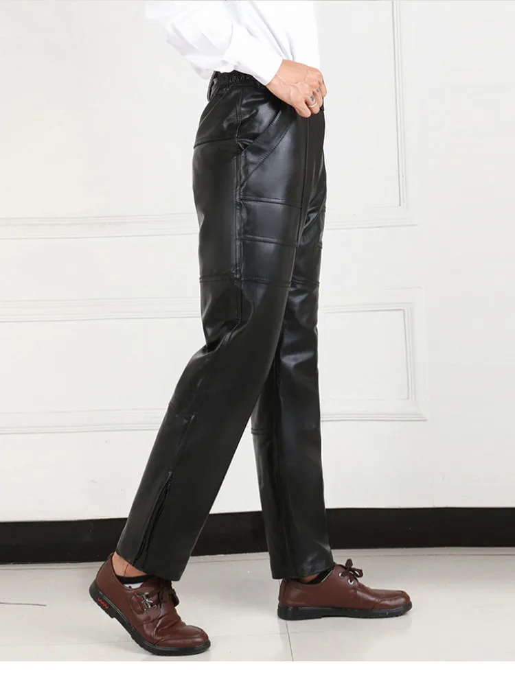 

Haining Winter Thiened Genuine Leather Motorcycle Pants Men's Loose Middle-Aged Warmth Windproof eepskin Trousers