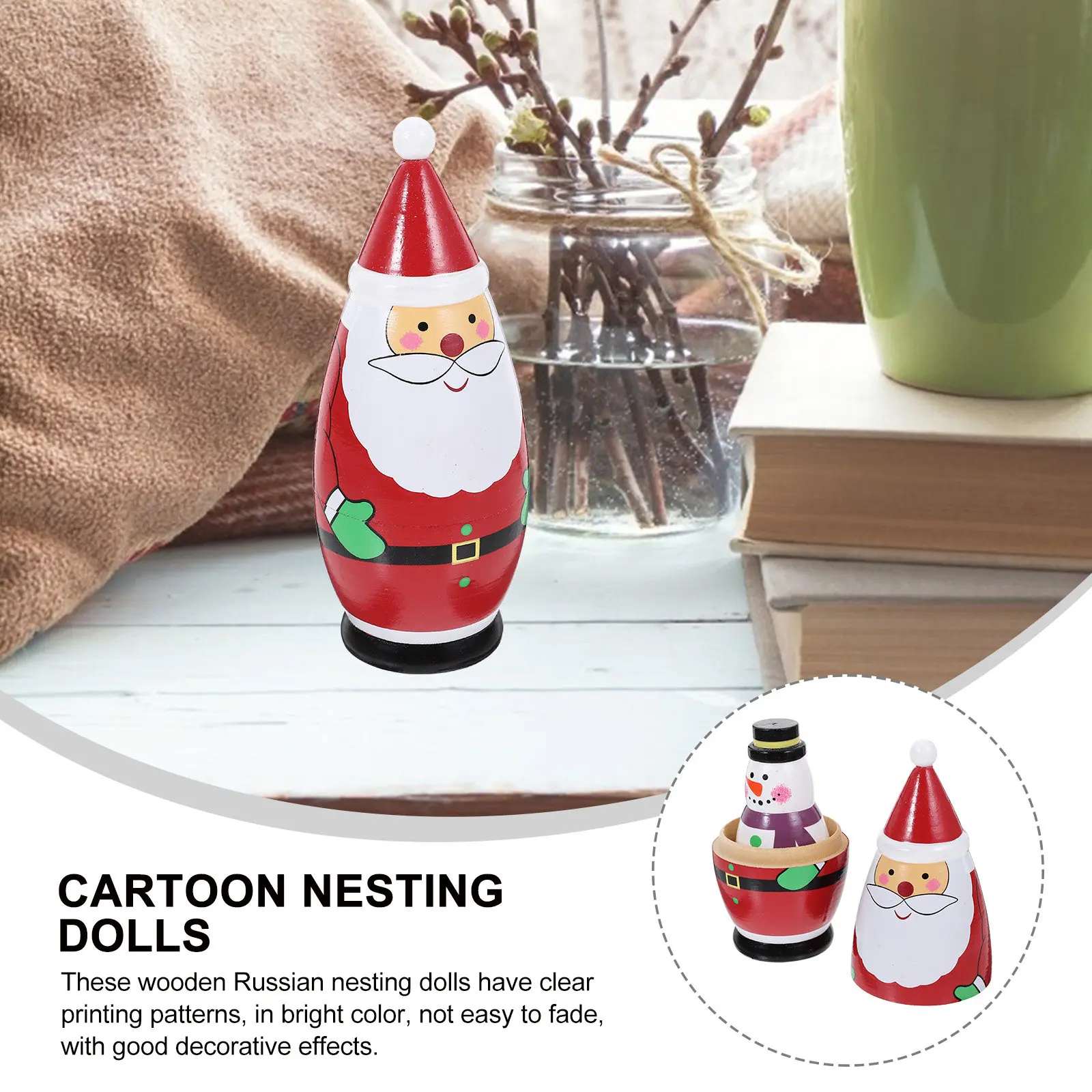 

1Set Wood Russian Nesting 4-Layer Christmas Decoration Bright Colorful Design Holiday Gift for Shelf Home Desktop Ornament