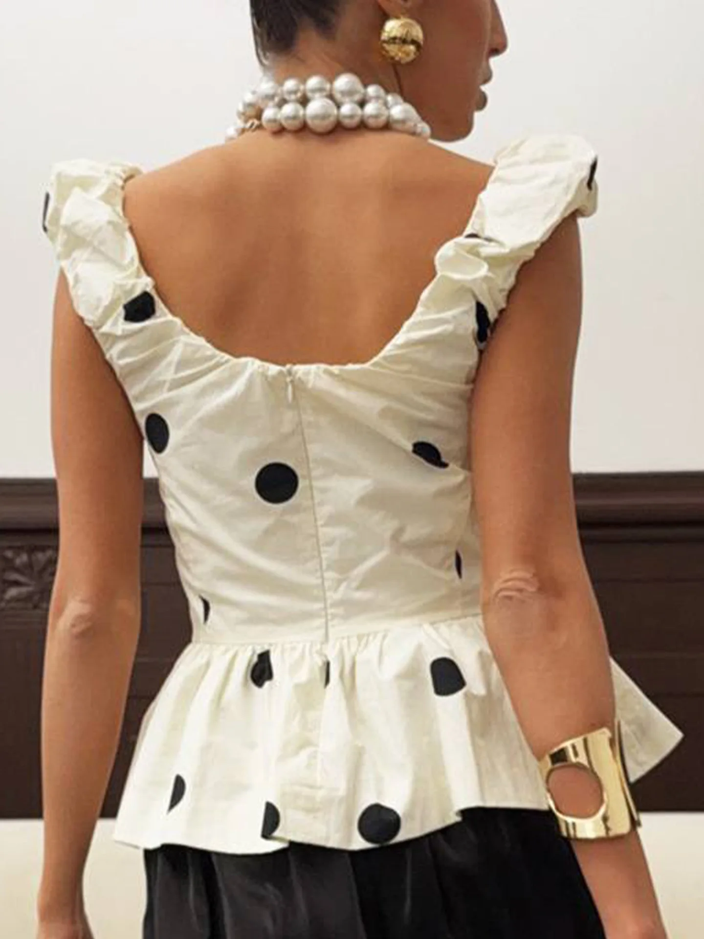 Women 2 Piece Polka Dot Dress Set French Vintage V Neck Ruffle Peplum Top High Waist Flare Midi Skirt Elegant Party Outfits view 5