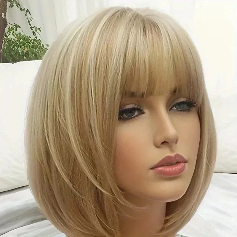 100% Hair New Fashion Women's Brown Blond Straight Wigs 12 In