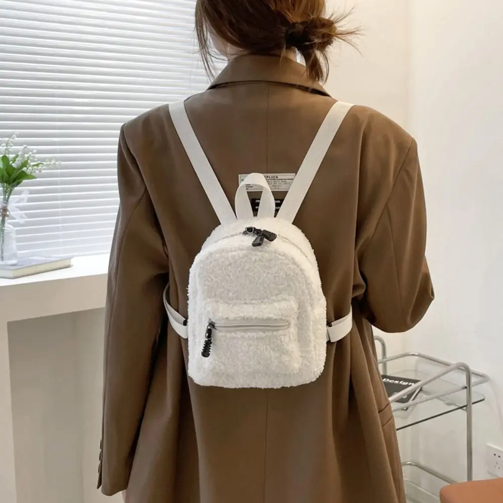 Portable Solid Color Mini Backpack Soft Fluffy Fur Lightweight Mini Shoulder Bag Multi-pocket Girls School Bag