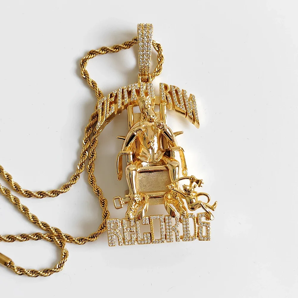 Hip Hop Deathrow Records Letters Pendants Necklace for Men 5A Cubic Zirconia 18K Real Gold Plated