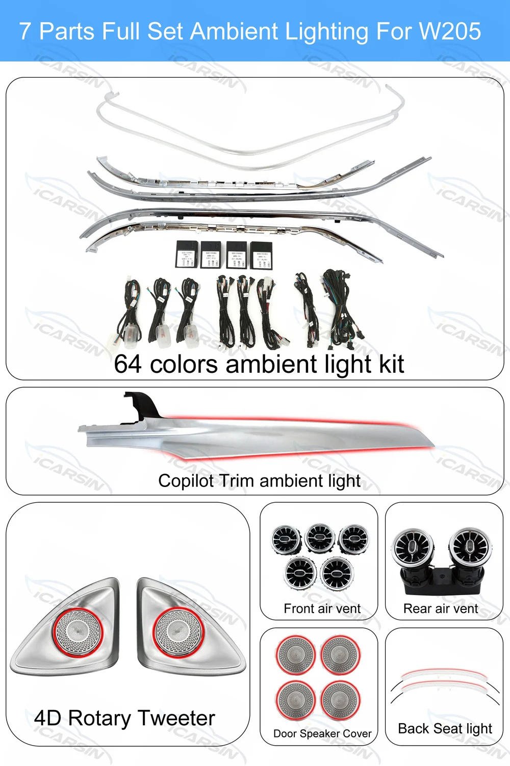Upgrade 64 Colors W205 Ambient Lighting for Mercedes-Benz C-Class 2015 2016 2017 2018 2019 2020 2021
