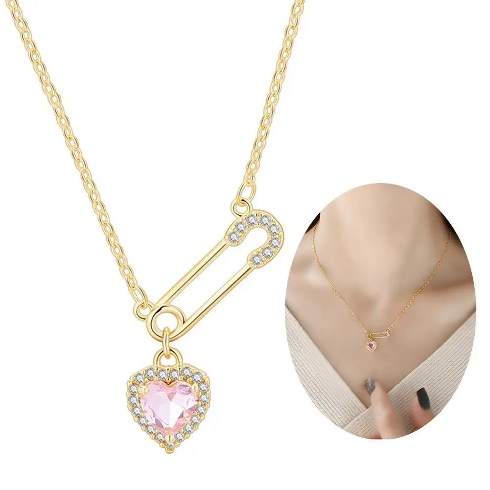 Personalized Safety Pin Necklace With Heart Female Niche Temperament Pink Crystal Hearts Pendant Cool Style Collarbone Chain