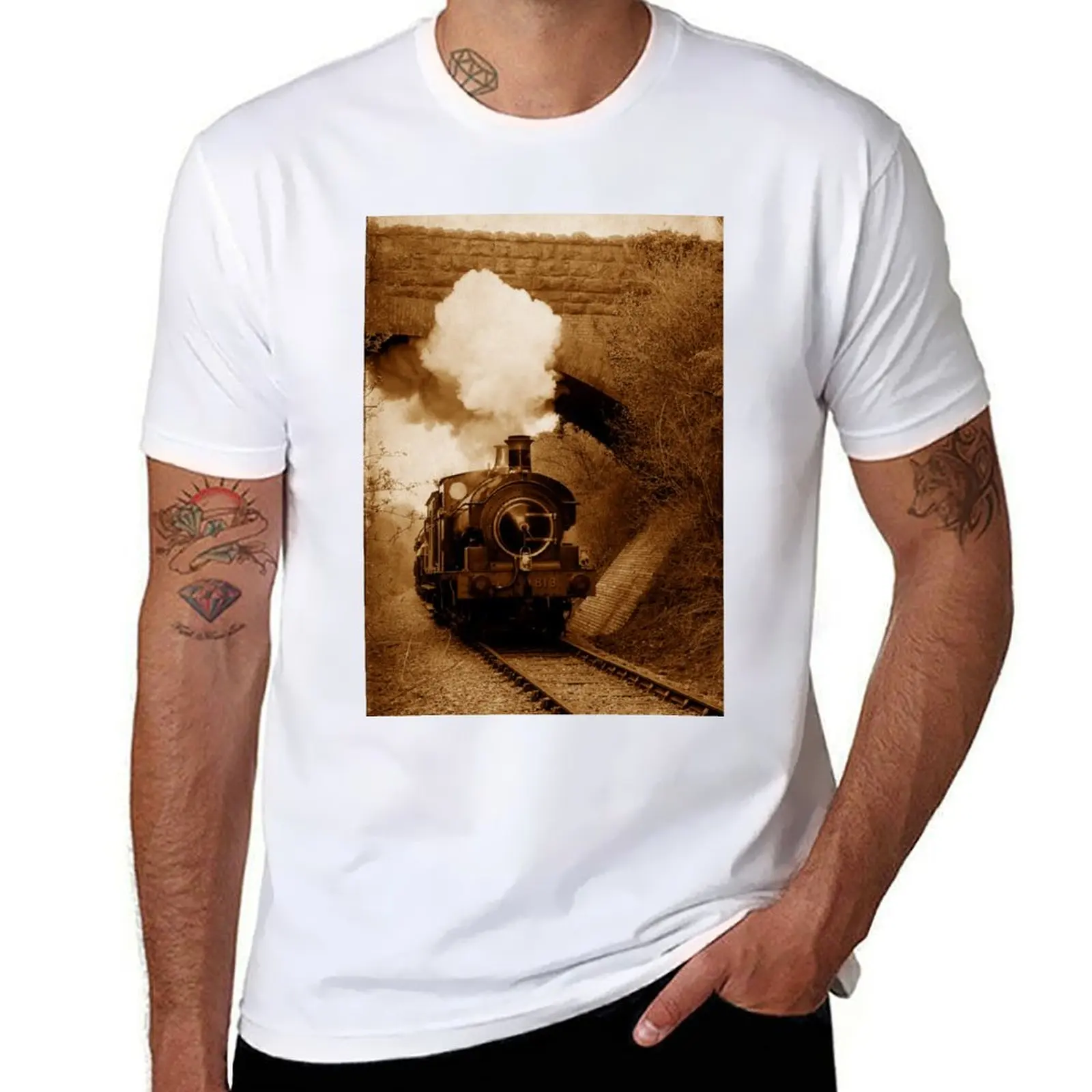 

Steam train going under bridge, Shepton Mallet, Somerset, UK T-Shirt graphic t shirts for man t shirt man plain T-Shirt