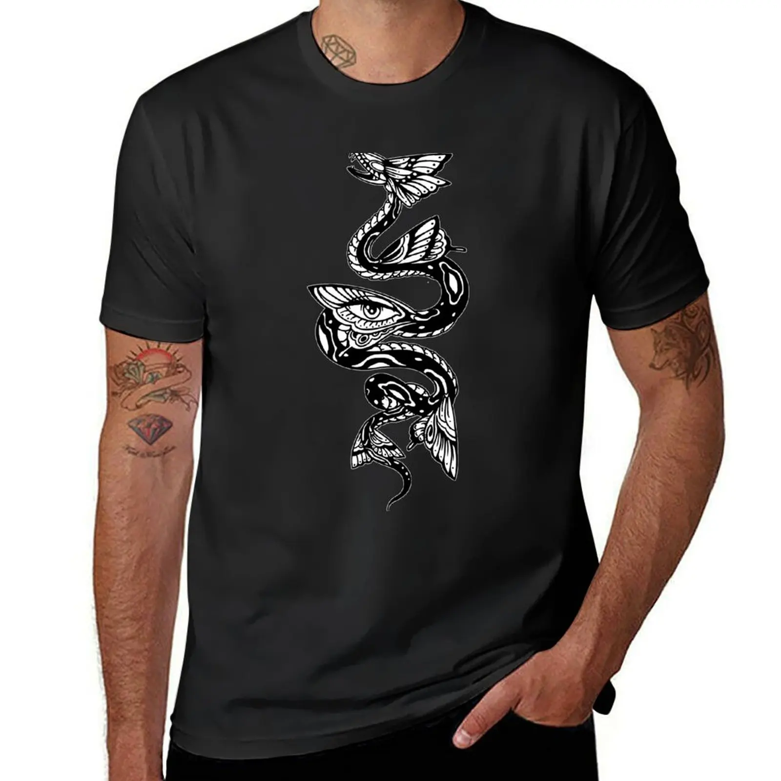 Black and white Butterfly Serpent Tattoo T-Shirt kawaii clothes quick drying summer clothes sports fans T-shirt men