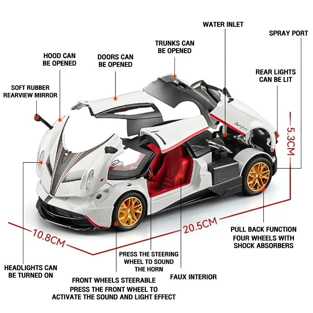 1:24 Pagani Huayra metalowa samochodzik zabawka rozpylona mgiełka odlew aluminiowy Model samochodu dla chłopców dzieci dzieci pojazdy zabawkowe dźwięk i światło