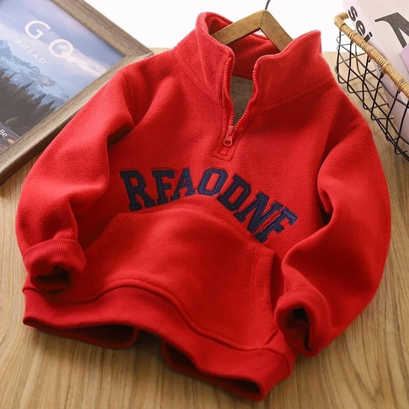 2025 New Boys' Winter Fleece-Lined Half-Zip Polo-Style Sweatshirt - Letter Embroidery Base Layer Top for Kids