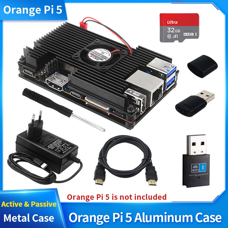 Custodia in lega di alluminio Orange Pi 5 custodia in metallo attiva e passiva con ventola di raffreddamento alimentatore opzionale adattatore USB WiFi e BT