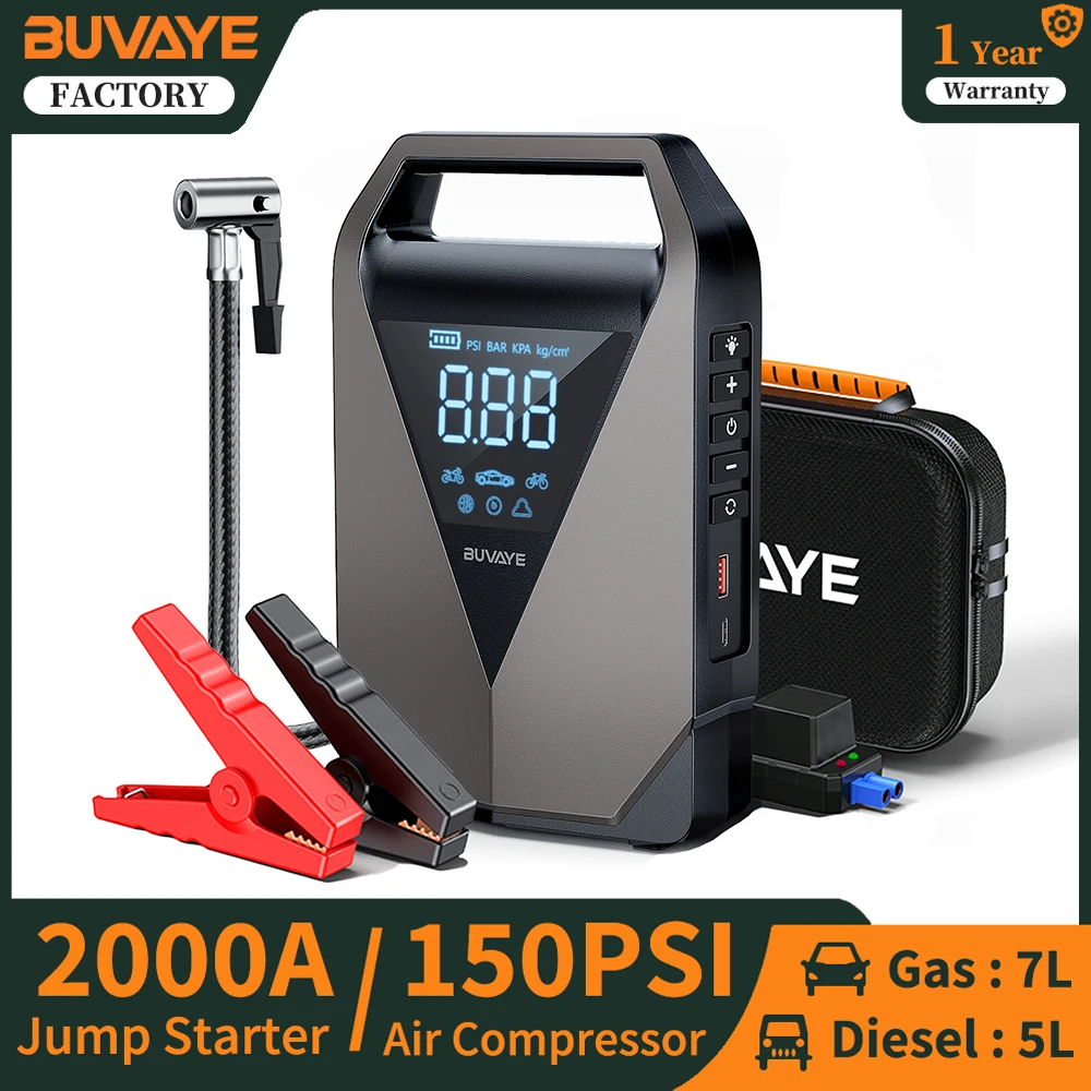 BUVAYE 점프 스타터 공기 압축기, 12000mAh 보조배터리, 12V 점프 박스, 2500A 엔진 부스터, 150PSI 전기 펌프 타이어 인플레이터