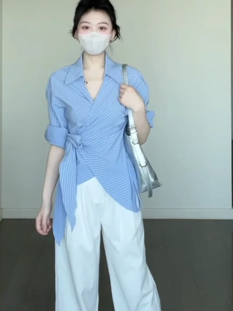 

Sweet Korean Sle Striped irt Women's Early Spring New Design Waist-Cinching Slimming Asymmetrical Cross Front Top