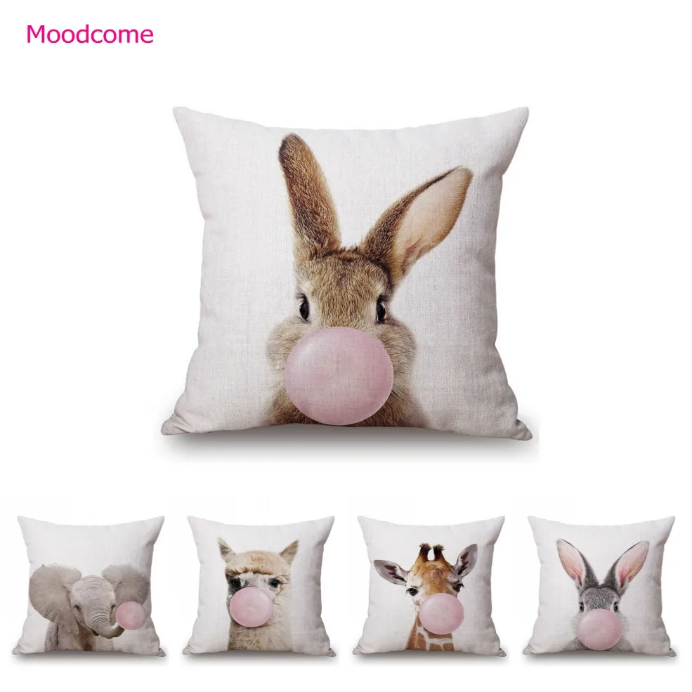 Adorable Baby Animals Bunny Giraffe Elephant Alpaca Bubble Gum Funny Home Decoration Art Sofa Pillow Case Nursery Cushion Cover