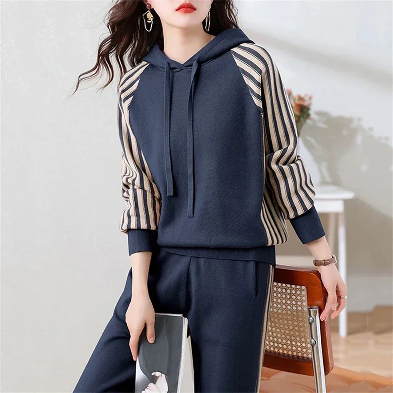 

Fashion Autumn Women 2 Pieces Sets Casual Hooded Patchwork Loose Knitted Sweater Sports Harlan Pants Suits Winter Sportswear