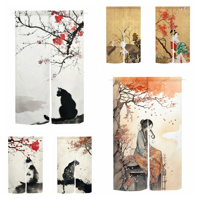 Japanese Ukiyo-e Style Door Curtains Cat Flower Print Home Decor Traditional Art Pattern Partition Linen Hanging Half Curtains