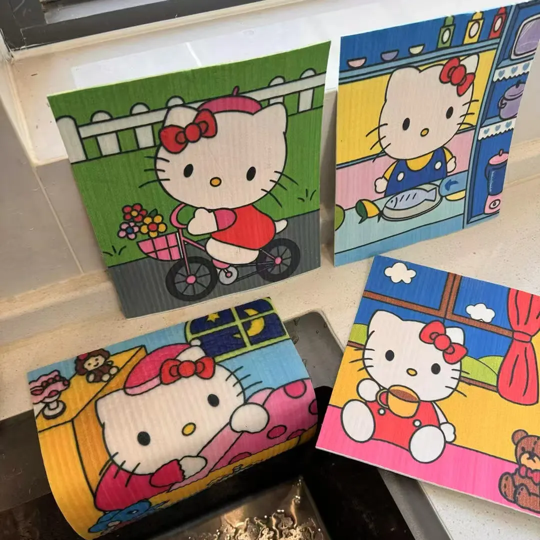 

Kawaii Hello Kitty non-greasy kitchen dishcloth made of wood pulp cotton absorbent cleaning cloth for home kitchen decoration