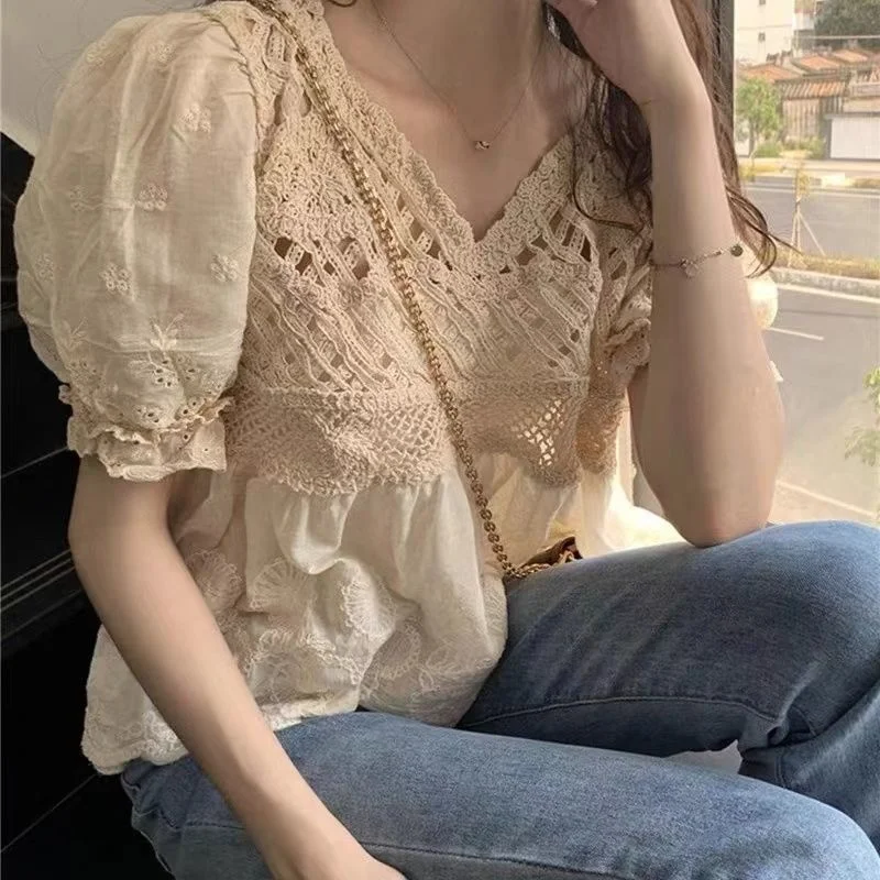 Lace for Girls 2023 Summer Loose Thin Short Sleeve Blouse Blusas Clothes for Women Tops Shirts Blouses