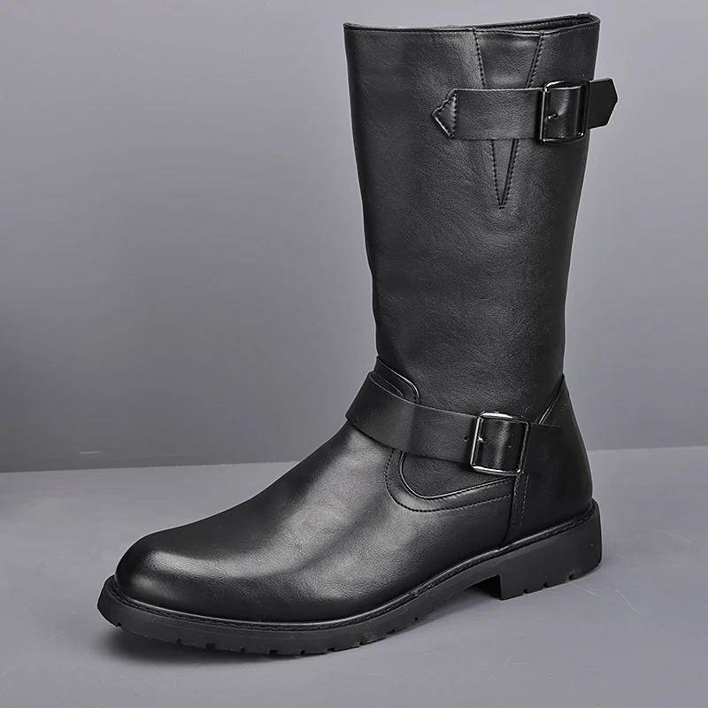 Botas de Motocicleta Estilo Inglês para Homens, Moda Cosplay, Botas Altas de Couro Natural Pretas, Botas de Cowboy para Outono e Inverno