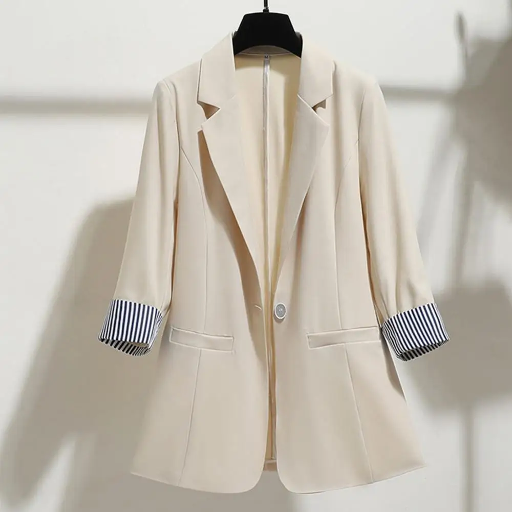 Striped Cuff Women Blazers Coat 3/4 Sleeve Lapel Button Slim Suits Female Casual Thin Office Lady Blazer Spring Summer Chic Tops